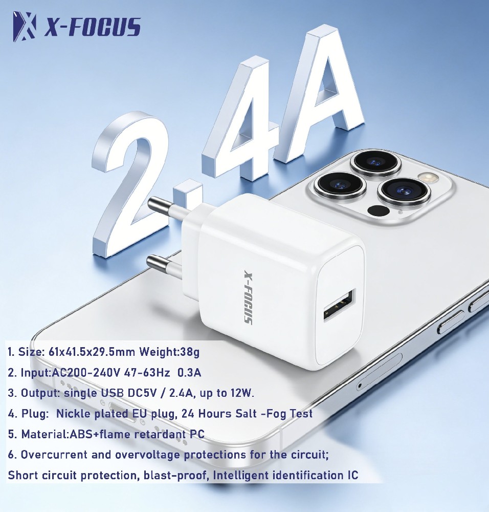 X-FOCUS 12W Premium Single USB Wall Charger (EU Plug): Compact, Smart, and Ultra-Safe